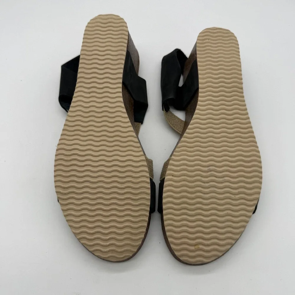 Bio Bio Leather Fabric Wedge Sandals Black Tan Strappy Cork 8 BIO 201-77634